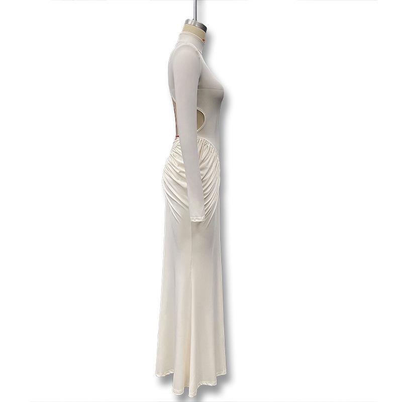 Европейско-американское осеннее облегающее платье с высоким воротником, драпировкой на спине и открытой спиной для женщин 2025