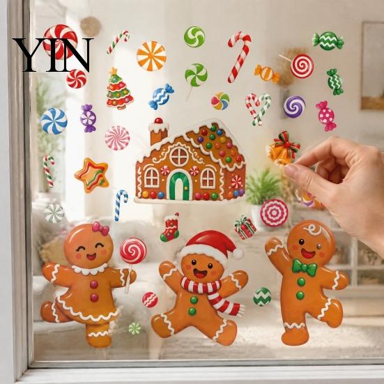 Christmas Party Supplies 4Pcs Gingerbread Window Stickers, Candy Cane Decals, Reusable Tree Glass Decals Decorations for Home Office Xmas Decor
