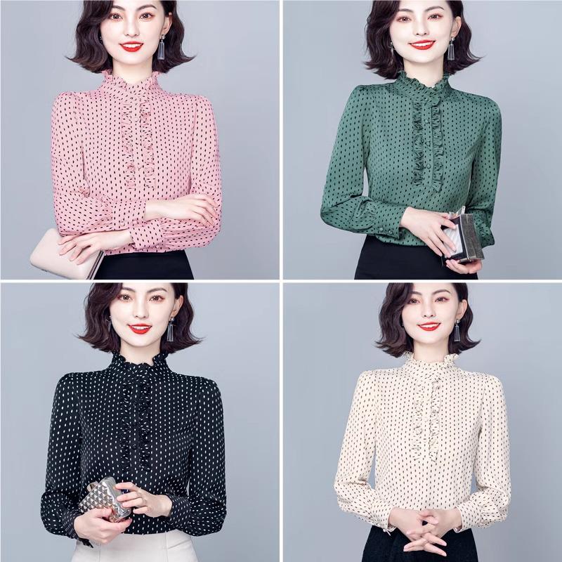 Trendy Women's Slim Long Sleeve Stand Collar Chiffon Shirt - Versatile Casual Wear for Spring & Autumn 2024