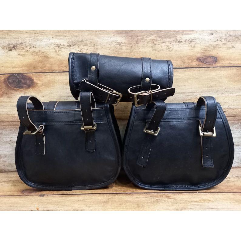 Leather Saddle Bags Motorcycle Bag Black Leather Pouch Saddlebag Motorbike Tool Pouch Set of 3 Bags Saddle Leather Bag