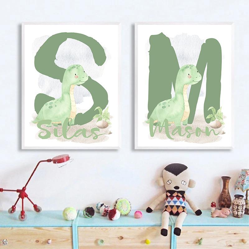 Акварельный мультяшный динозавр Персонализированные плакаты и принты Печать на холсте Настенное искусство Картина для детской комнаты Декор для детской