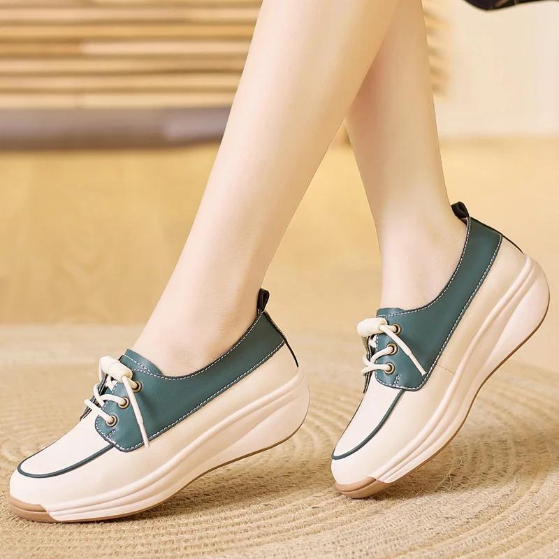 Fashion Women Fashion Platform Flats Sneakers  Autumn Breathable Lace Up Wedge Sport Shoes Comfort Soft Leather Travel Casual Shoes