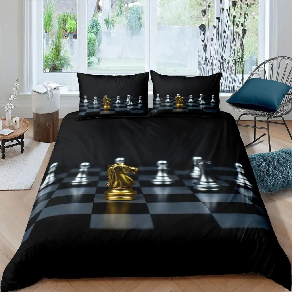International Chess Duvet Cover Set Queen Size Chess Lovers Постельное белье для детей и взрослых Микрофибра Черная основа 23 шт Пододеяльник