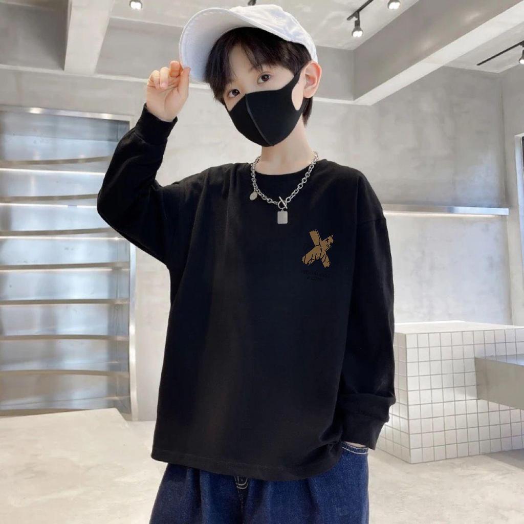 100% Pure Cotton Boys' Long-Sleeve Round Neck T-Shirt - Autumn Loose Fit for Children