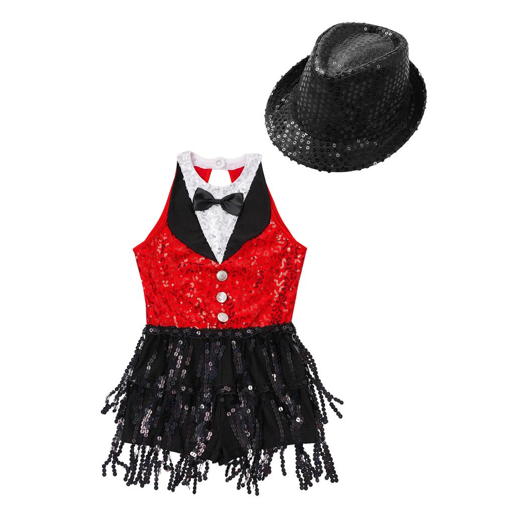 Girls Sleeveless Sequin Jumpsuit Keyhole Back Design Jazz Performance Competition Outfit Matching Hat