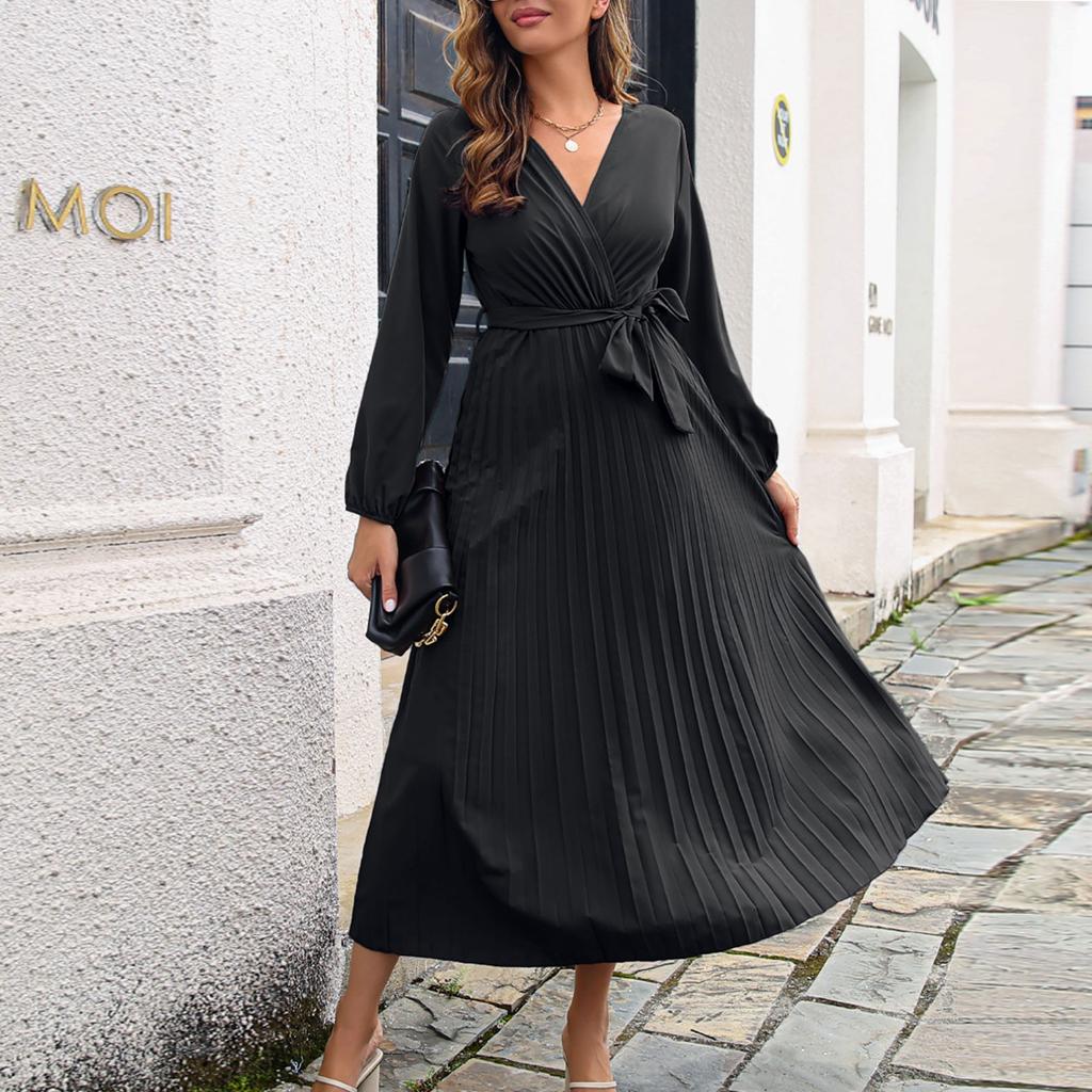 Женское повседневное модное темпераментное платье с V-образным вырезом и большим плиссированным длинным рукавом