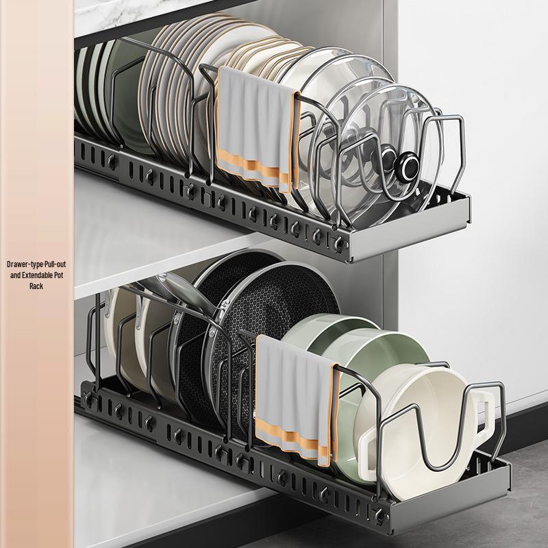 Adjustable Pull-Out Kitchen Organizer: Dish Rack, Pot & Pan Storage, Under-Cabinet & Countertop Holder