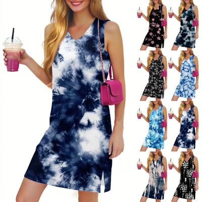 V-образный вырез Летнее повседневное пляжное платье для женщин Отдых Женский сарафан без рукавов с разрезом