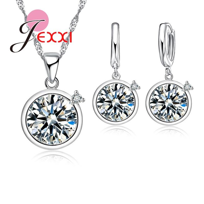 Creative 925 Sterling Silver Jewelry Sets Big Round Crystal Pendant Necklace and Earrings for Women Birthday Gifts