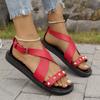 Fashion Women Flat Buckle Sandals Summer New Fashion Light Non Slip Flat Rivet Sandals Woman Comfort Soft Sole Casual Shoes Plus Size 42