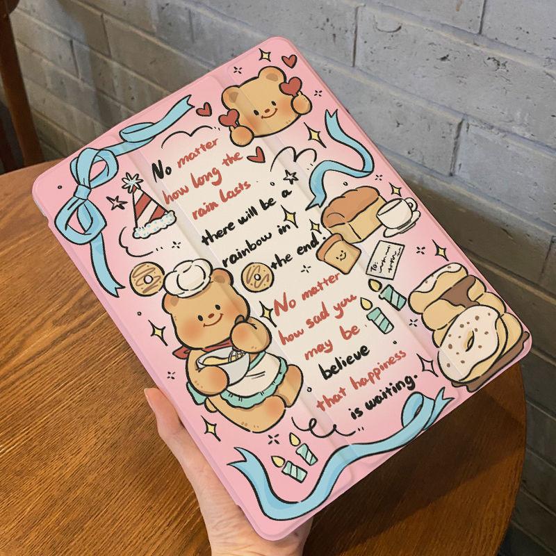 For iPad Air5 Case Cartoon Butter Bear Pattern iPad Smart Tri-Fold Case for iPad Air6 11 13 Pro2024 11 13 Pro2021 2018 12.9 with Pencil Holder