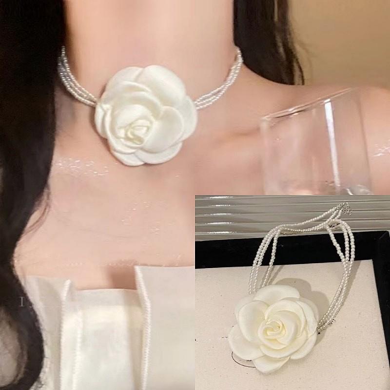 French Gentle Wind Satin Flower Multi-layer Pearl Necklace Women's Fashion Sweet Niche Premium Design Clavicle Chain