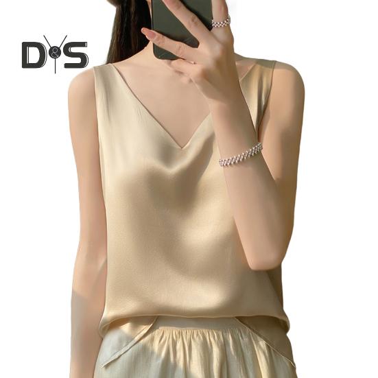 Женский жилет с V-образным вырезом без рукавов, однотонные топы свободного кроя из гладкого атласа, универсальная повседневная одежда