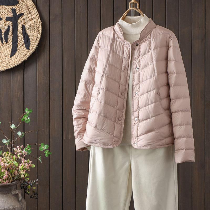 Stand-up collar thin down jacket women's autumn and winter new loose warm white duck down light literary and retro coat