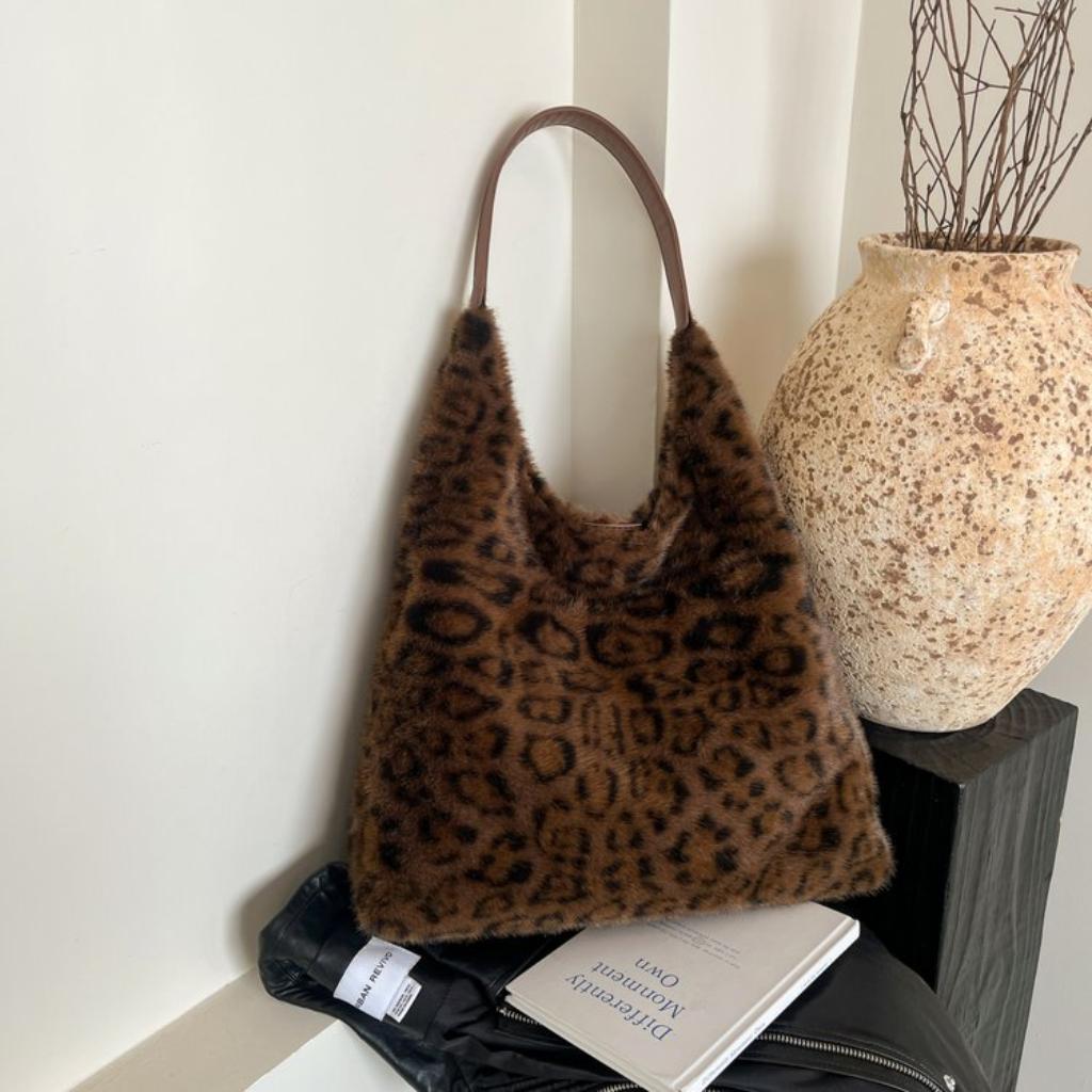 Hobo Bag for Women Plush Black Leopard Print Single Shoulder Carry Daily Use
