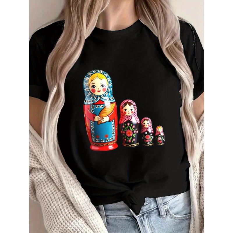 Women's Colorful Russian Matryoshka Print T-Shirt Casual Crew Neck Short Sleeve Summer Top