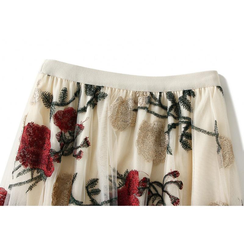 Z Новая ретро-юбка с высокой талией и тонкой вышивкой в виде большого цветка, модная, милая, сетчатая, средней и длинной длины