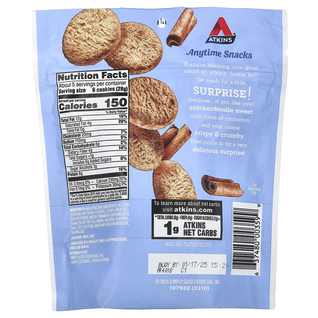Atkins Anytime Snack, Crunch Protein Cookie, Snickerdoodle, 140 G (4.94 Oz)