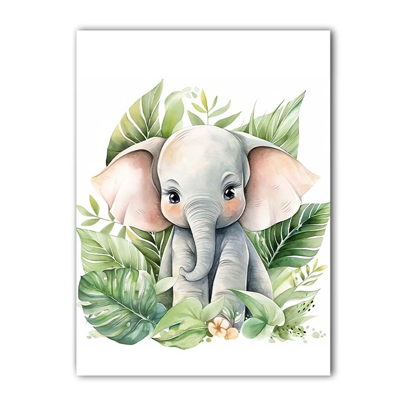 Nursery Plant Wall Art, Cute Giraffe Elephant Zebra Safari Canvas Painting, Animal Poster Print for Baby Kids Bedroom Decor