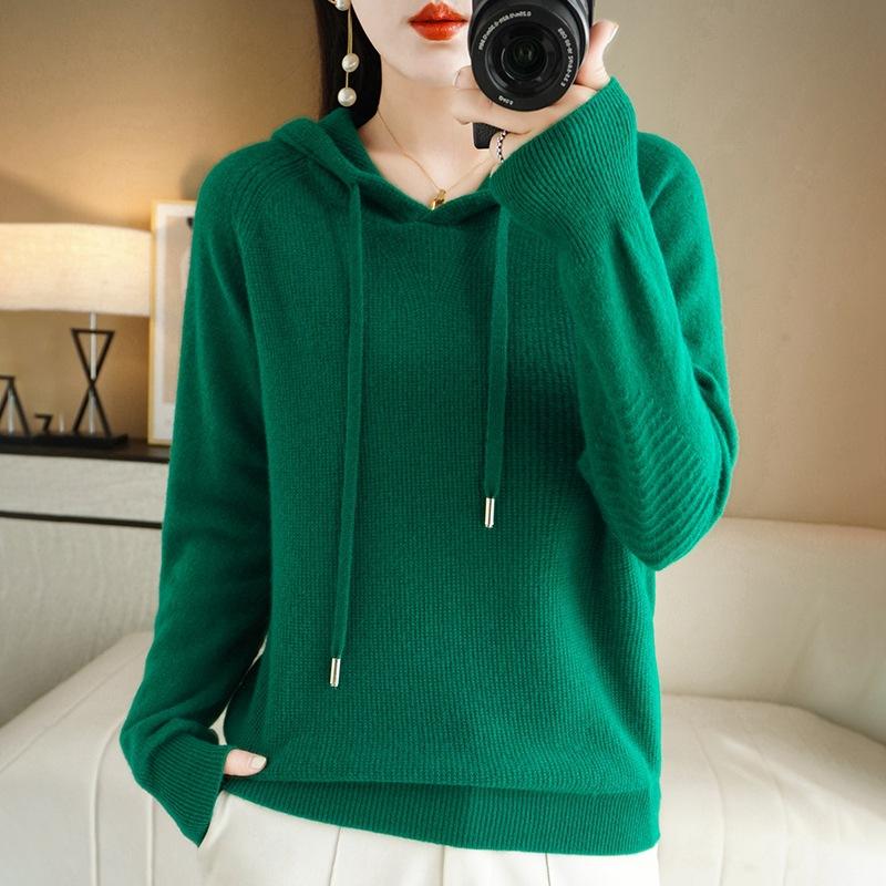 Spring and Autumn New Trendy Slim Short Solid Color Sweater Women's Loose Casual Hooded Jacket Pullover Knitted Sweater