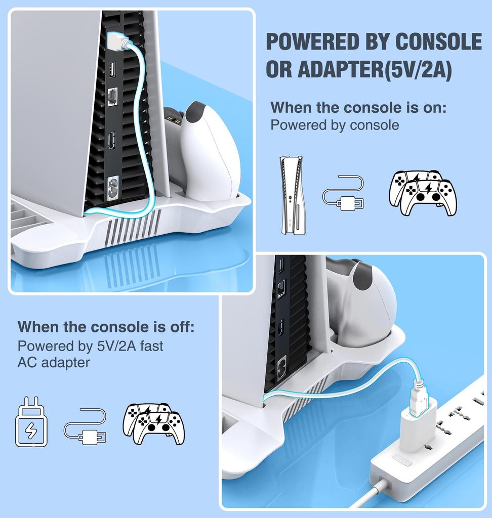VAORLO Аксессуары для PS5 Вертикальная подставка охлаждающего вентилятора для PS5 Зарядная док-станция с двумя контроллерами Быстрая светодиодная зарядная станция для PS 5