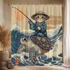 Забавная японская кошка Шторка для душа Милый кот едет на морской черепахе Винтажное солнце Синий океан Морские волны Азиатский абстрактный Морской Ванная комната