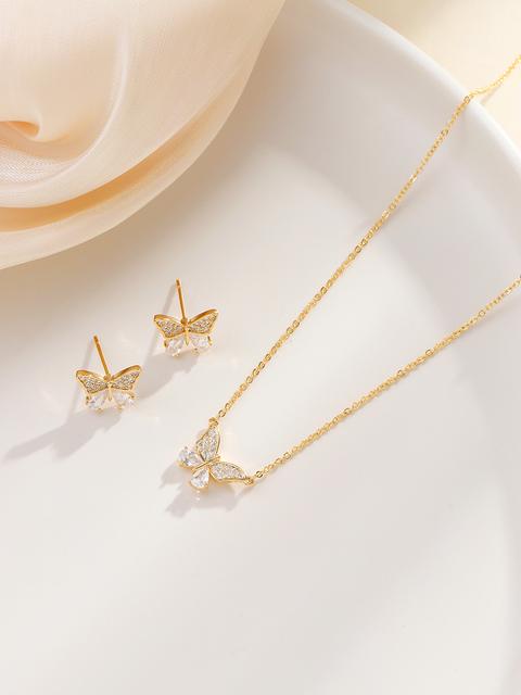 Позолоченные комплекты ювелирных изделий для женщин Серьги Ожерелье Цирконий Паве Ключица Цепочка Бабочка Подвеска Серьги-гвоздики Подарки на день рождения для девочек