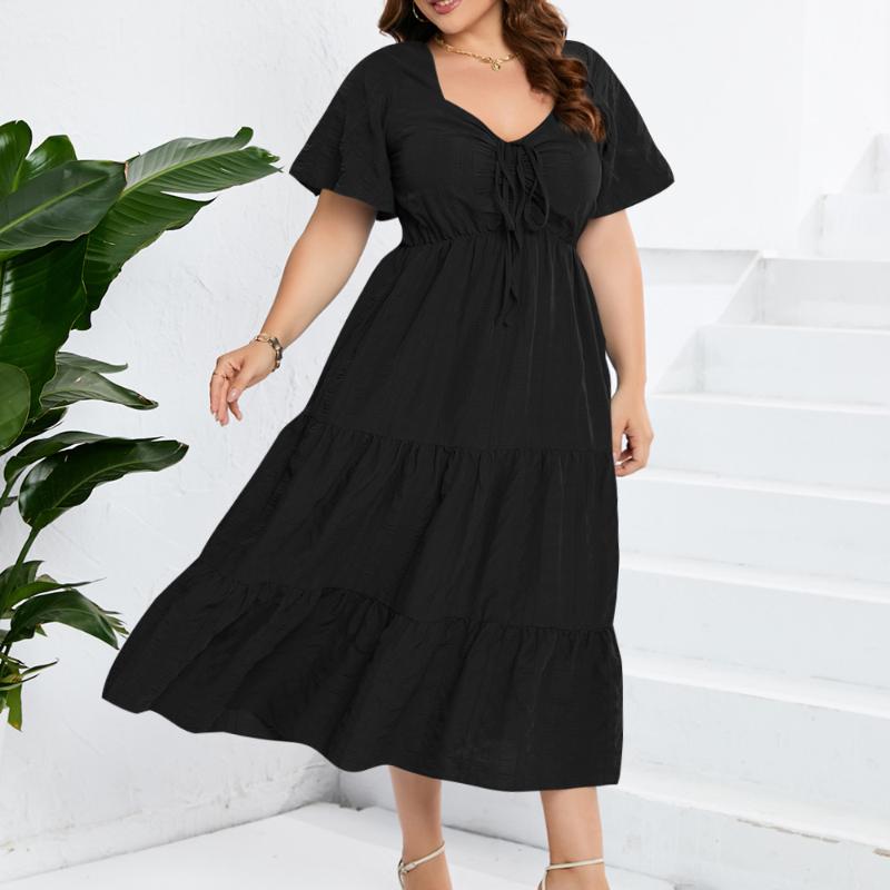 GMXIA V-Neck High Waist Dress Long Short Sleeve Plus Size Dresses