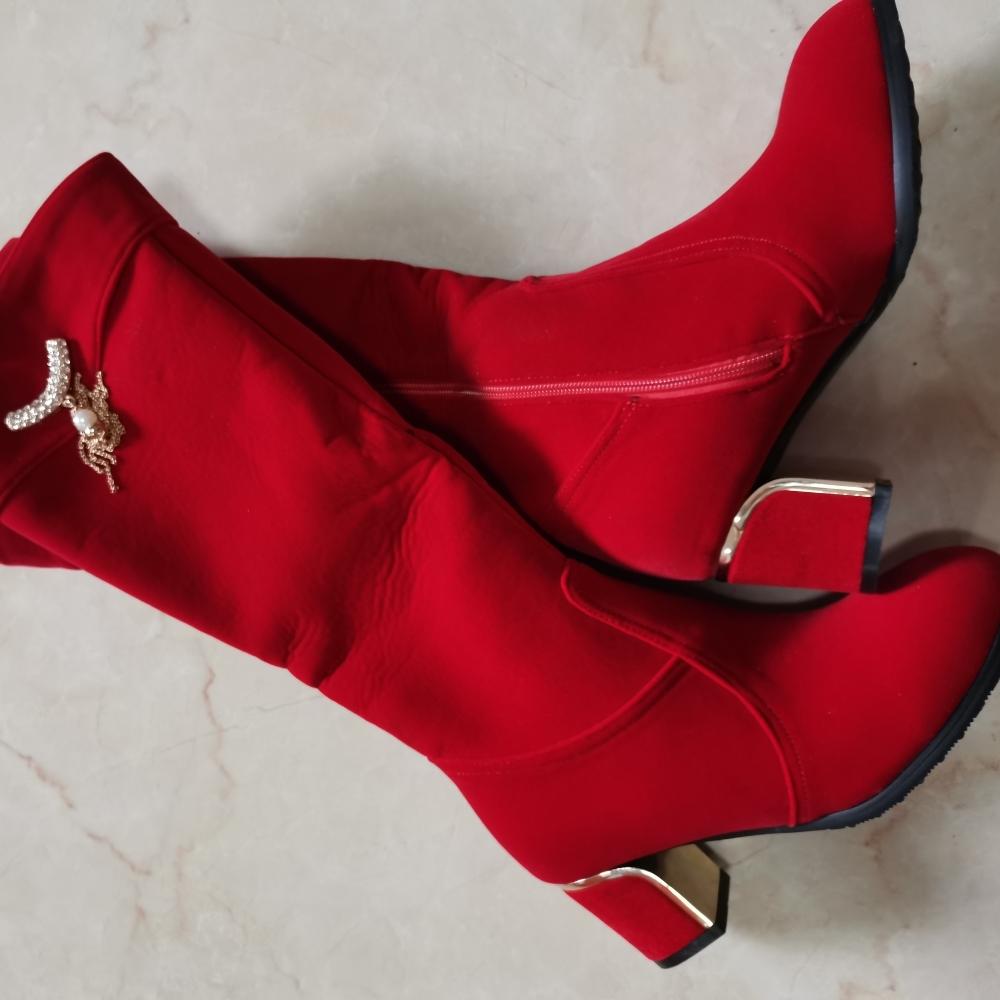 Осенне-зимние сапоги до колена женские черные красные флоковые женские высокие сапоги роскошные повседневные низкие каблуки модные длинные туфли для вечеринок женские