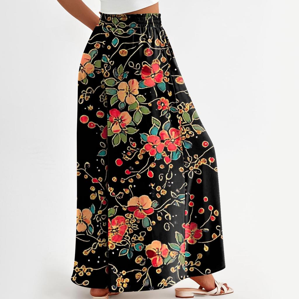 Женские брюки с высокой талией, широкие, повседневные, струящиеся брюки-палаццо, брюки с цветочным принтом и карманом