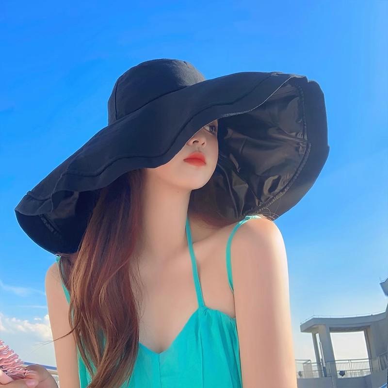 Oversized brim sun protection hat women's seaside UV protection upf + sun hat foldable vinyl bucket hat women