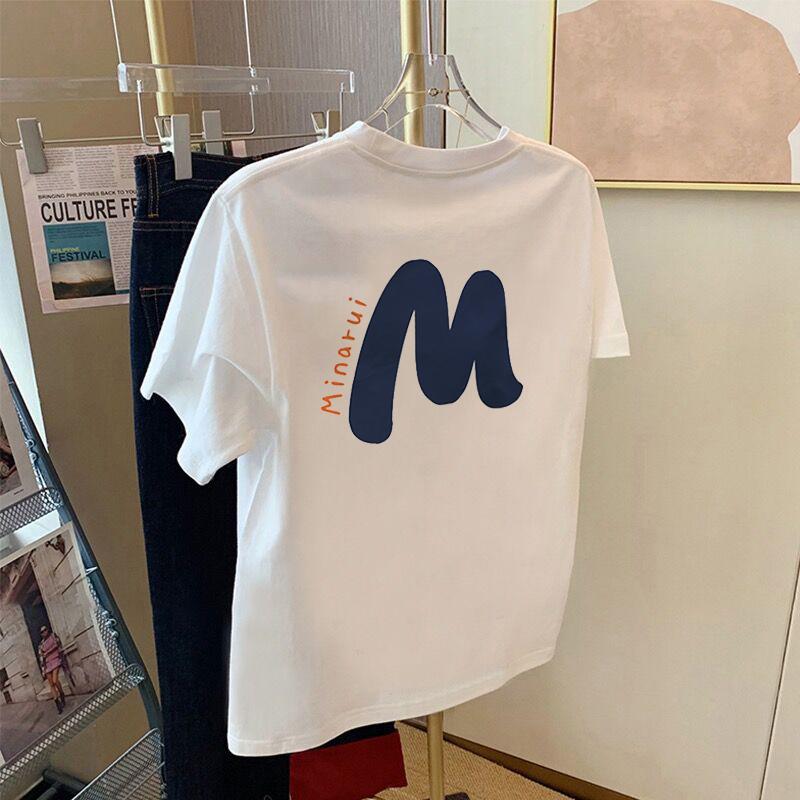 2025 Summer New Cotton White Short-sleeved T-shirt Women's Loose and Versatile Letter Printing Casual Top Trendy