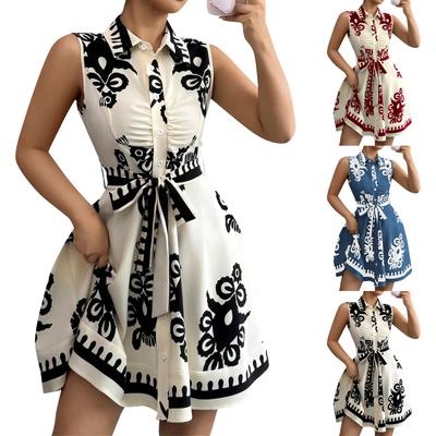 Женские модные платья без рукавов с принтом на пуговицах и завязками на талии