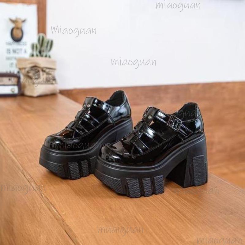 2025 Новые сандалии в римском стиле с вырезами, на толстом высоком каблуке, с круглым носком, на платформе, с кожаным ремешком с пряжкой, женские туфли в уличном стиле