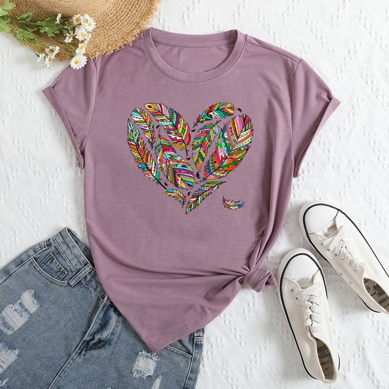 Летние женские футболки больших размеров с принтом в виде перьев и сердец, свободные, с круглым вырезом, повседневные, из чистого хлопка, с короткими рукавами, женские