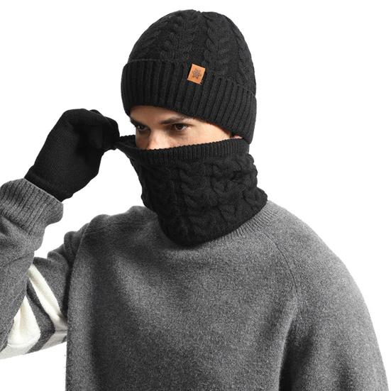 3Pcs/Set Men Hat Scarf Gloves Set Solid Color Twist Texture Brimless Hat Neckerchief Knitting Gloves Set Winter Accessories
