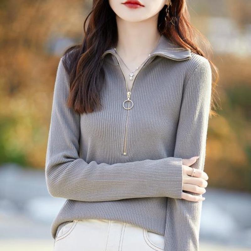 Spring New Worsted Wool Turtleneck Knitted Sweater Semi-zipper Solid Color Pit Strip Pullover Bottoming Shirt Top