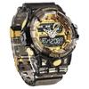 PINDOWS Transparent Gold Dual 50m Water LED Alarm and Perfect for Outdoor and Everyday Wear Men's Watch, Analog-Digital Time, Resistant, Backlight,