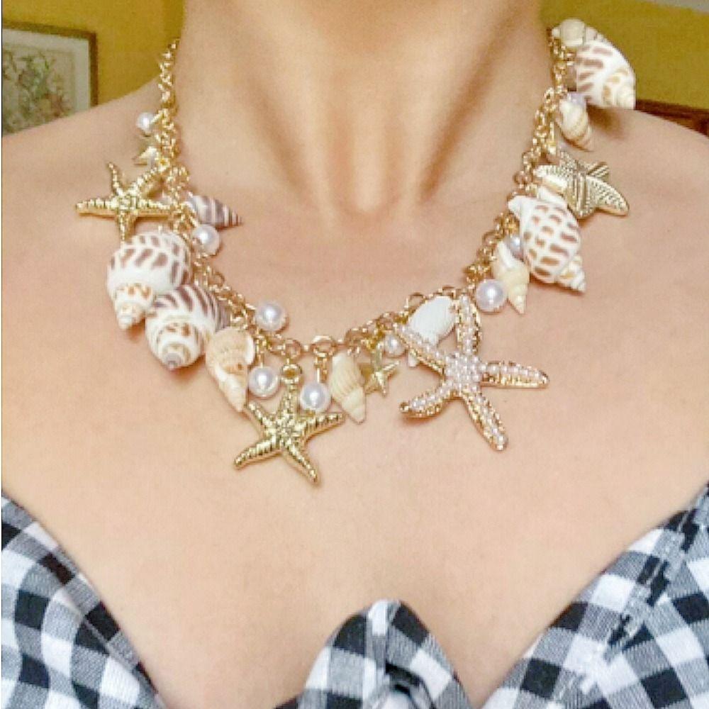 Imitation Pearl Shell Starfish Necklace Sea Series Natural Conch Beach Necklace  Kids