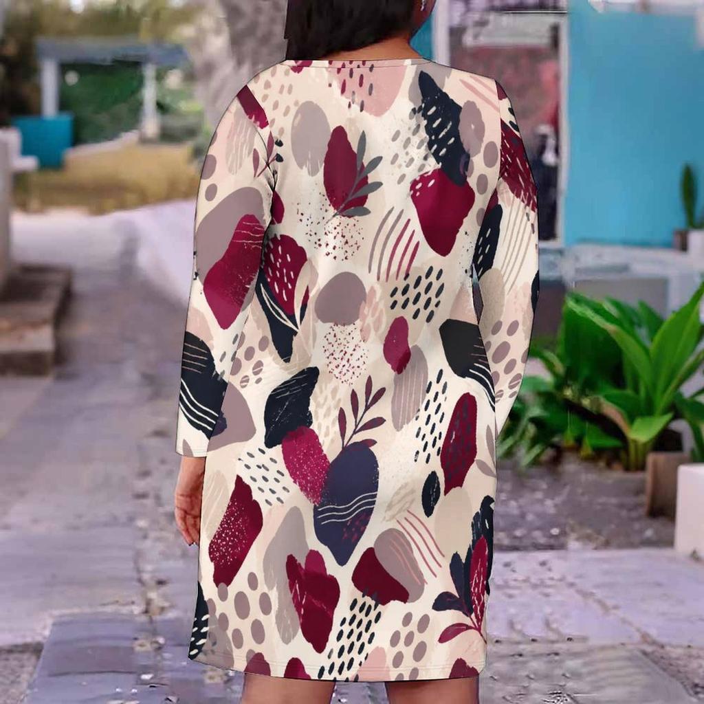 Women Plus Size V Neck Long Sleeve Geometric Printed Fitted Knee Length Dress