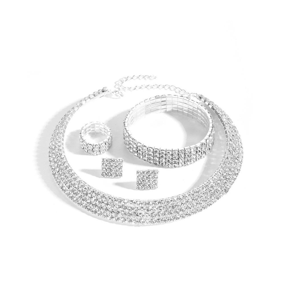 4Pcs Multilayer Necklace Bracelet Earring Ring Set Shiny Rhinestone Choker Bridal Jewelry Set Women