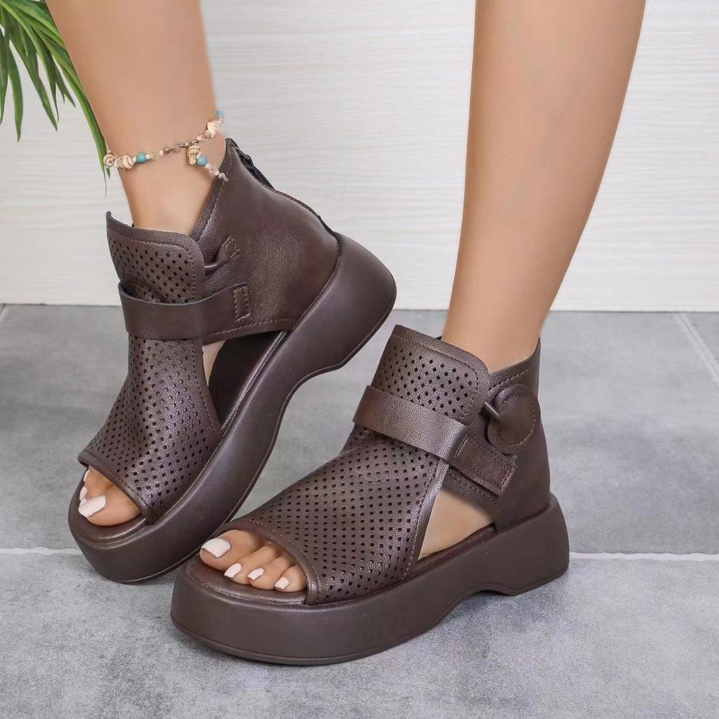 Fashion New Women's Hollow Breathable Hole Shoes Thick Sole Leather Fish Mouth Hook Loop Retro Comfortable Wedge Sandal Plus Size 43