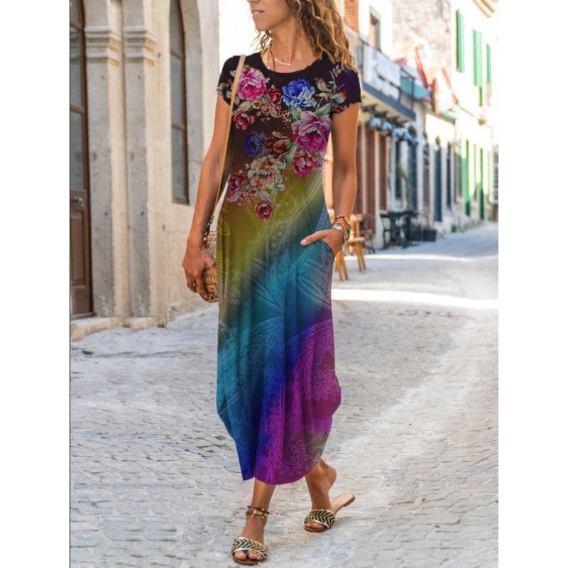 Женское модное платье с круглым вырезом, карманом и коротким рукавом с трендовым принтом