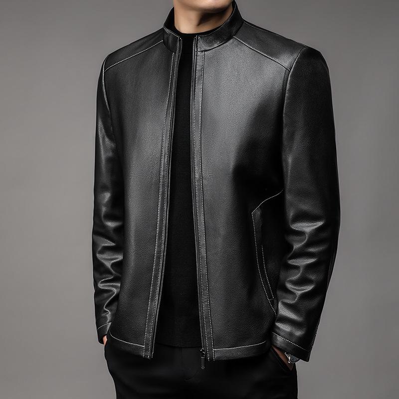 Весенняя и осенняя тонкая куртка из натуральной кожи, мужская тонкая короткая кожаная куртка с воротником-стойкой, мужская куртка из натуральной кожи для людей среднего возраста
