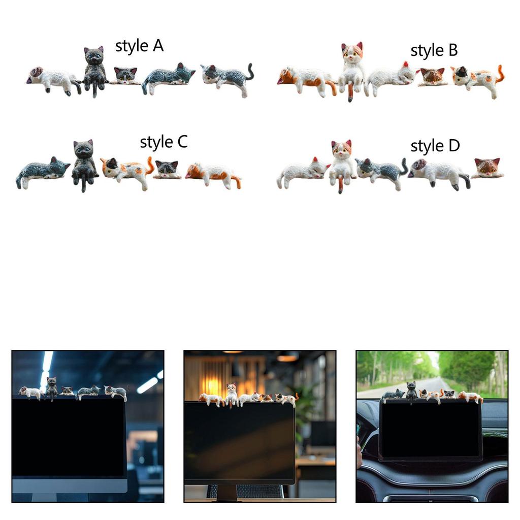 5x Small Cat Statue Computer Decor Resin Office Miniature Shelf Figure Collectible Figurine Car Dashboard Accessories