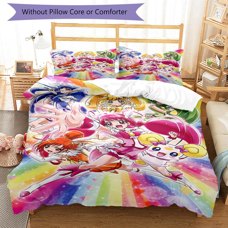 3pcs Pretty Cure2 Design Cover Set - HD Printed Bedding with 1 Cover and 2 Pillowcases - Perfect for Home and Dorm Decor