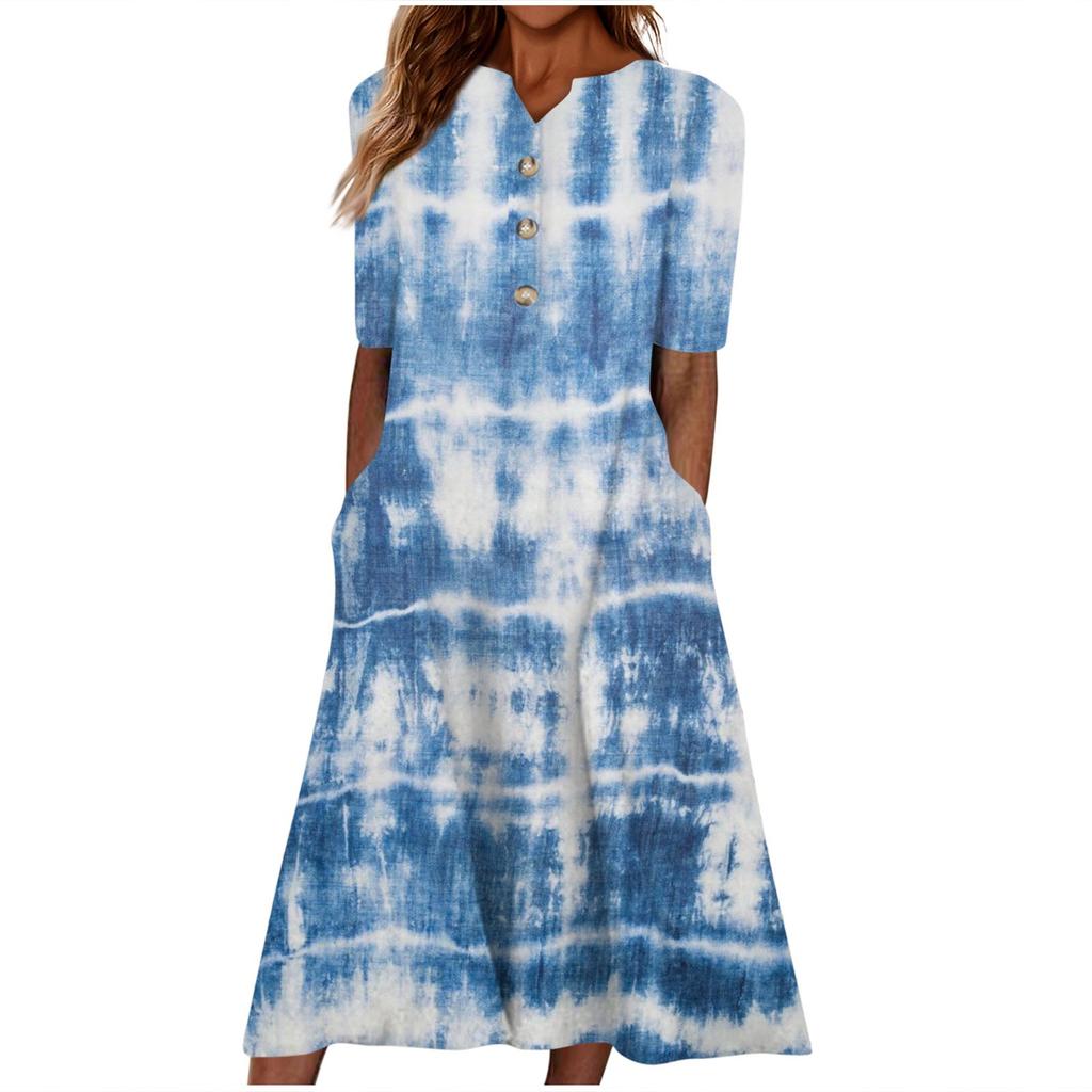 Women's Summer Casual Printed V-Neck Short-Sleeve Swing Dress