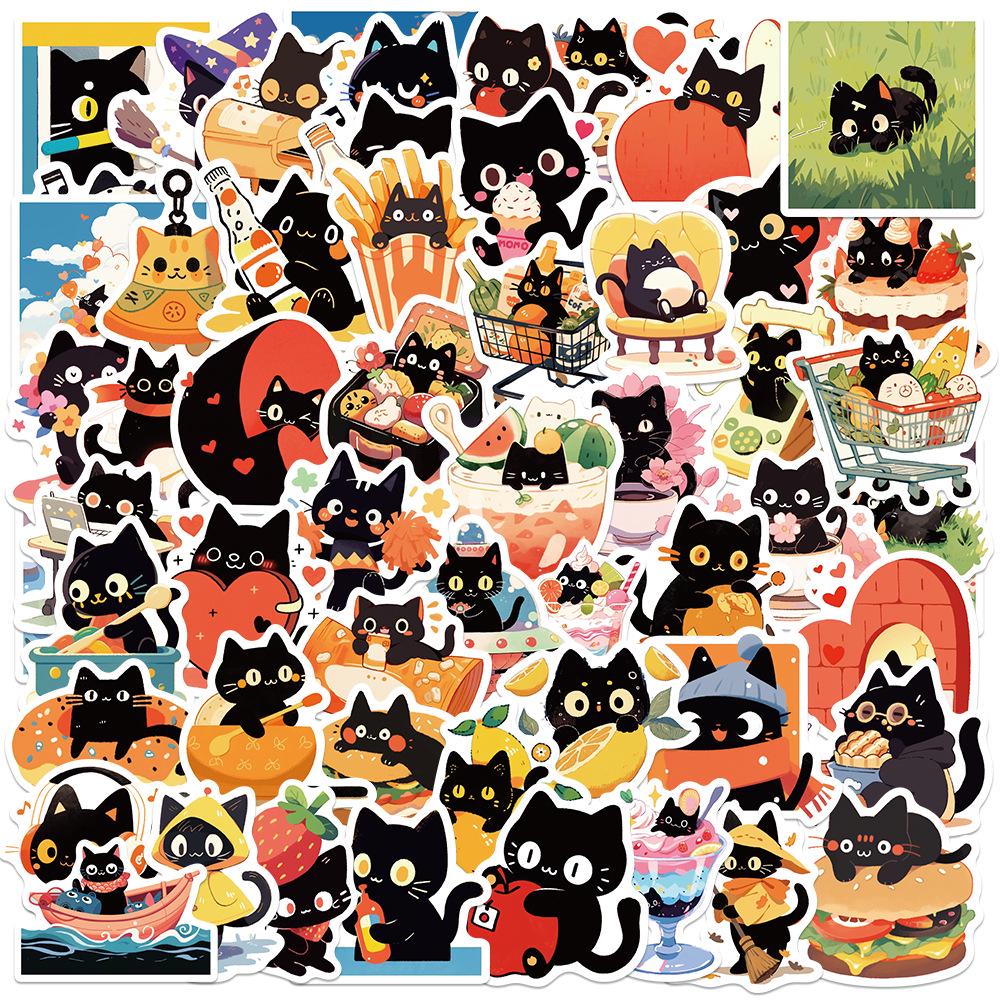 60 Sheets Cute Black Cat Stickers for Decoration: Cartoon Kitten Decals for Suitcases, Computers, Refrigerators, and Scooters.