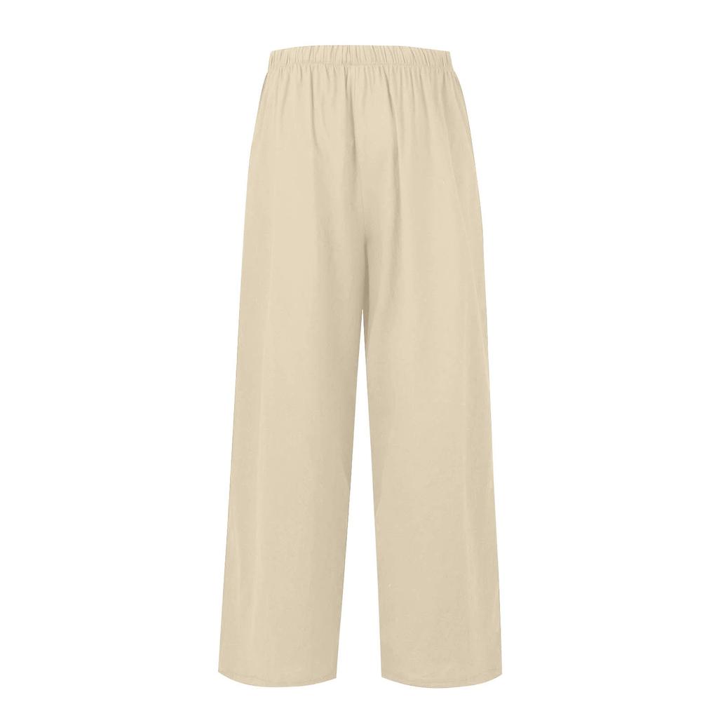 Женские летние свободные брюки из хлопка и льна с эластичной резинкой на талии, однотонные, с внутренним карманом и двойной линией сгиба