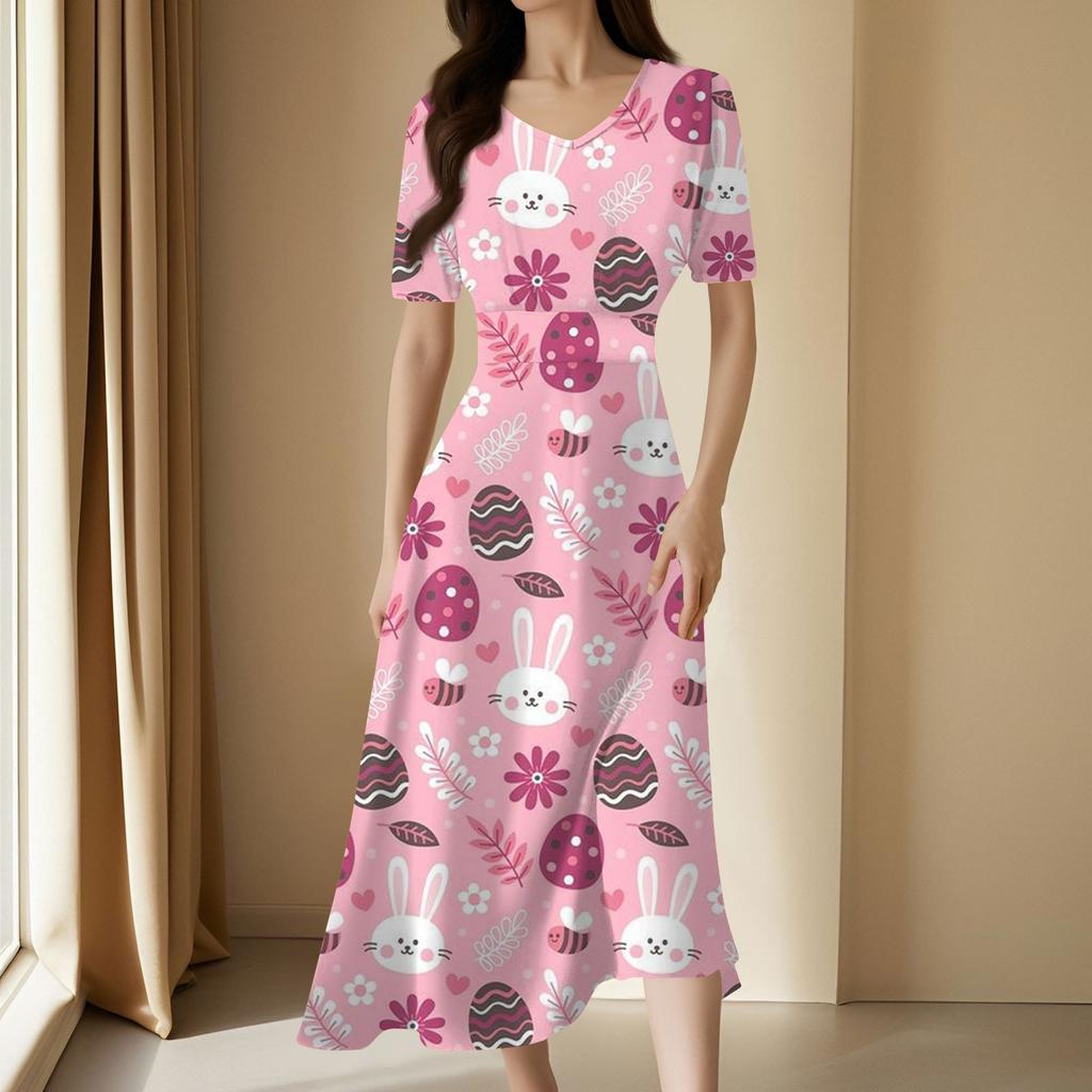 Ladies Casual Fashion Gradient Print V-Neck Short Sleeve Waist Long Swing Dress